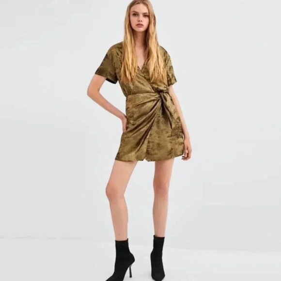 ZARA Gold Mini Dress Tie Waist - Picture 1 of 9